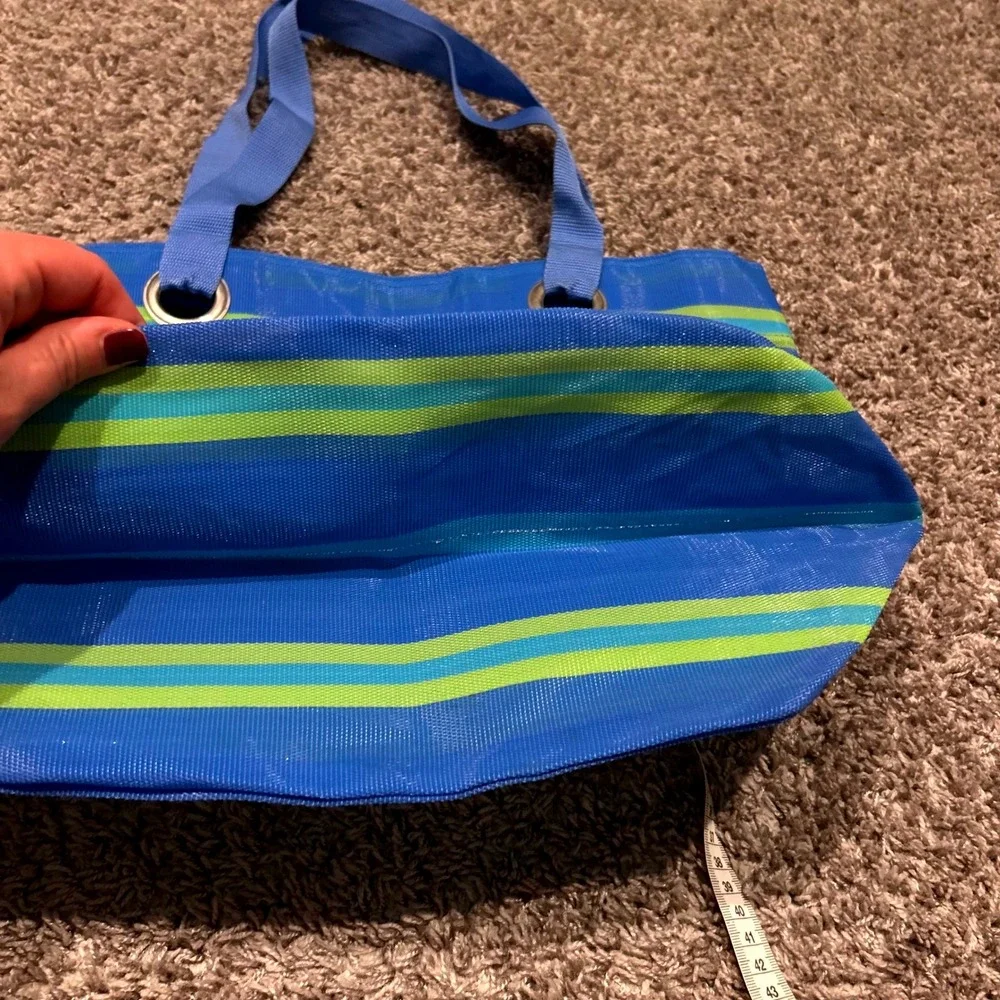 Blue‎ Striped Tote Bag with Silver Accents and Webbing Handles Cute